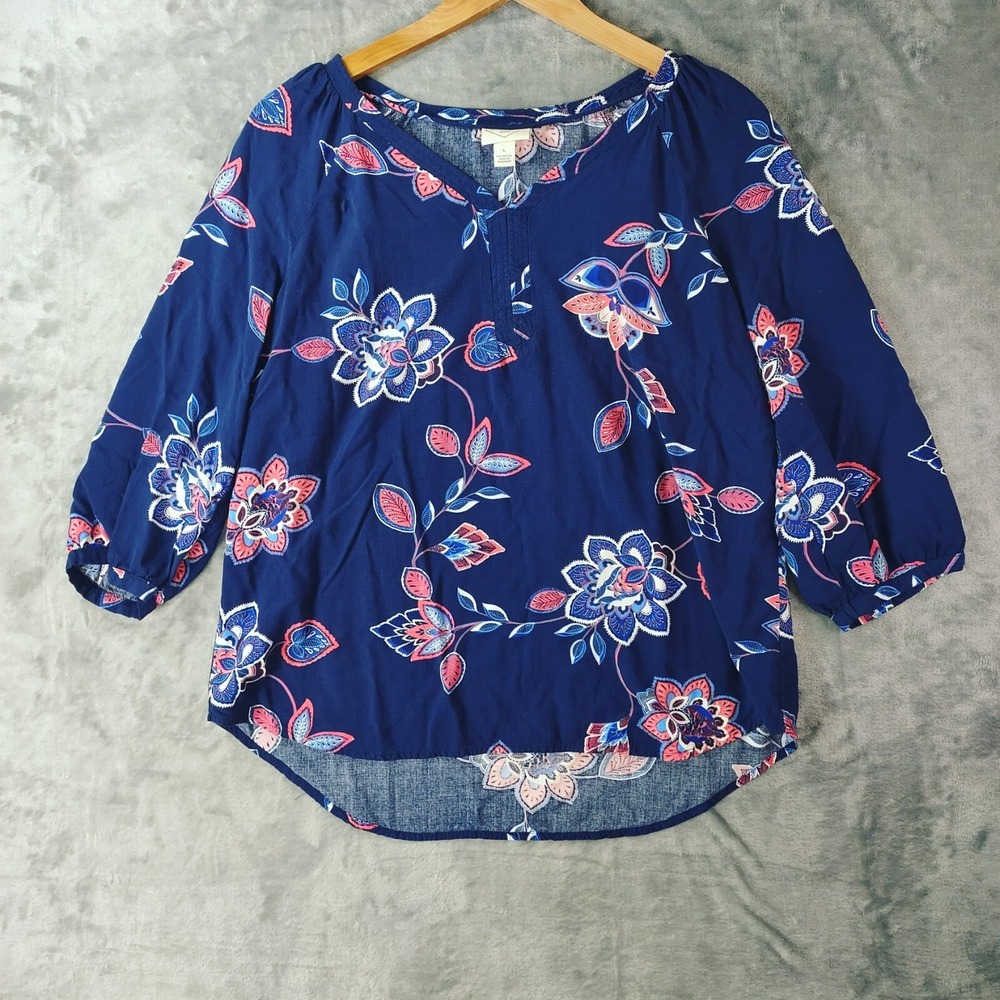 St Johns Bay Womens L Navy Floral‎ Lightweight 3/4 Sleeve Top Boho Summer Resort